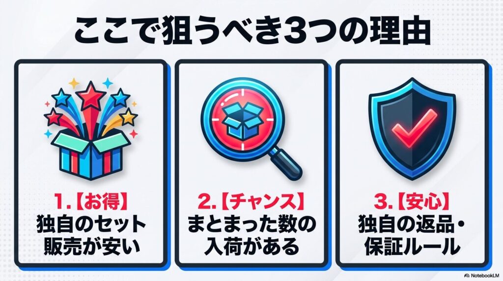 コストコでSwitch 2を狙うべき3つの理由として、セット販売の安さ、入荷数、返品・保証を挙げています。