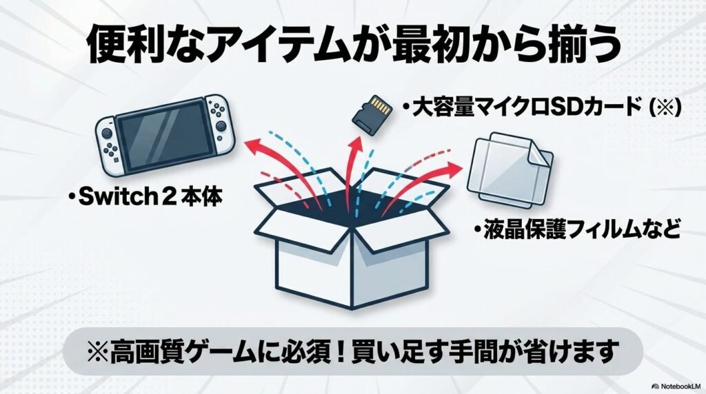 コストコのセットには、本体、大容量SDカード、液晶保護フィルムなどが含まれることを説明しています。