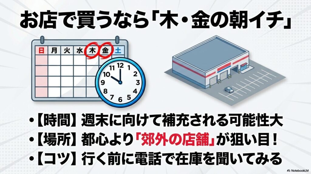 実店舗での購入のコツとして、週末前の木曜・金曜の朝イチや、郊外の店舗を狙うことを推奨しています。