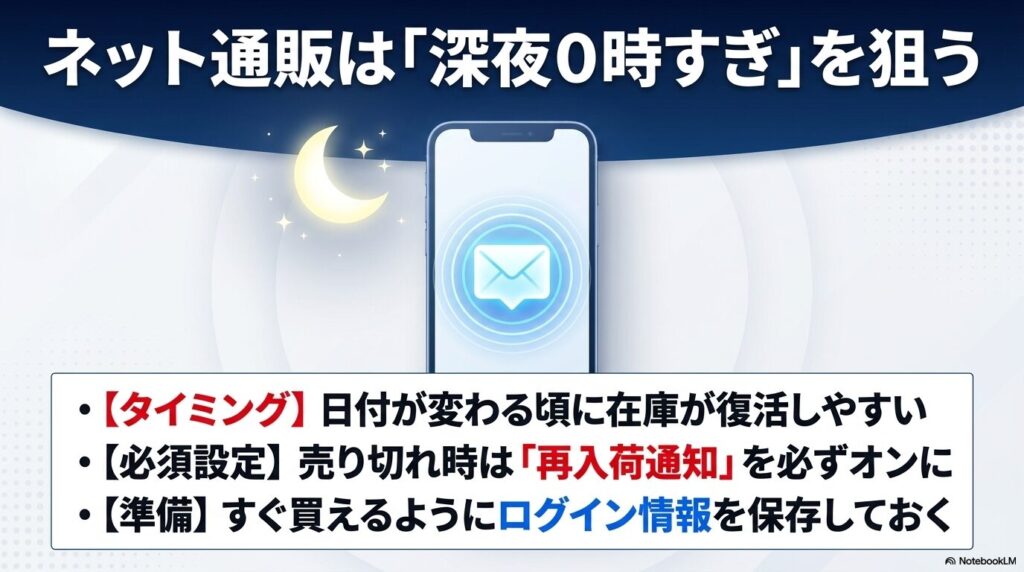 オンライン購入のコツとして、深夜0時すぎの在庫確認や再入荷通知設定の重要性を説いています。