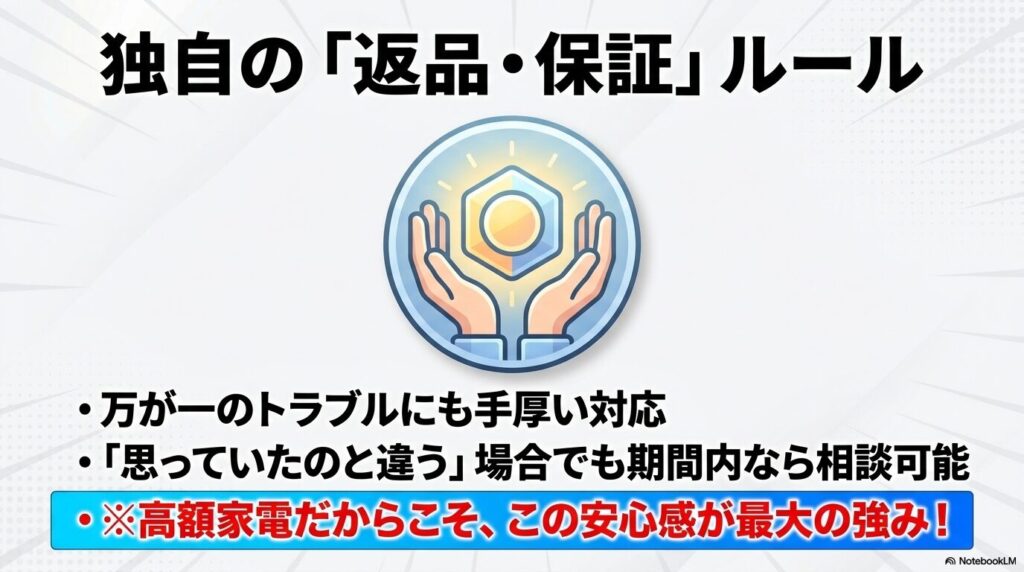 万が一のトラブルや自己都合でも相談可能な、コストコ独自の返品・保証ルールの安心感について説明しています。
