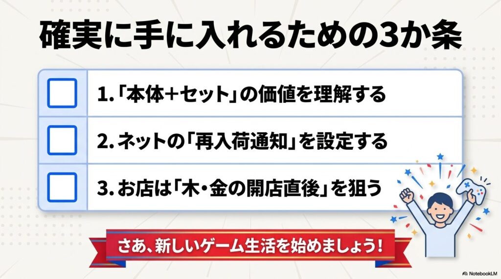 セットの価値理解、通知設定、店舗訪問タイミングの3点を、確実に手に入れるための重要事項としてまとめています。