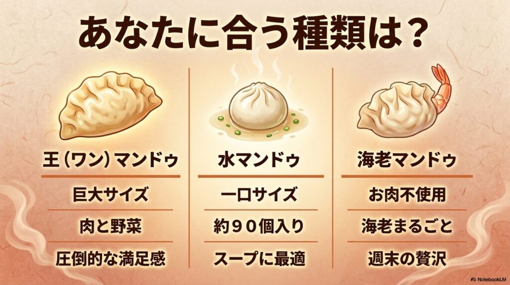 王マンドゥ、水マンドゥ、海老マンドゥの3種類について、サイズや中身、おすすめの食べ方を比較。