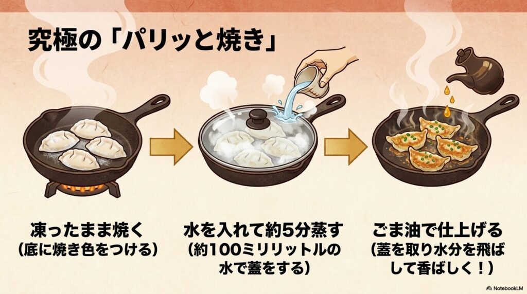 餃子をパリッと焼くための3ステップとして、凍ったまま焼く、蒸し焼き、ごま油での仕上げを説明。