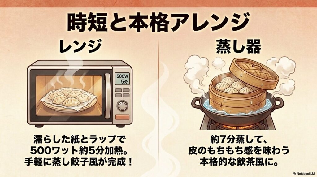 電子レンジでの時短調理法と、蒸し器を使った本格的な飲茶風の調理アレンジの2種類を紹介。