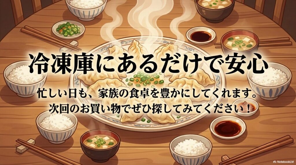 「冷凍庫にあるだけで安心」というメッセージと共に、家族の食卓に並んだ餃子定食のイラストで締めくくり。