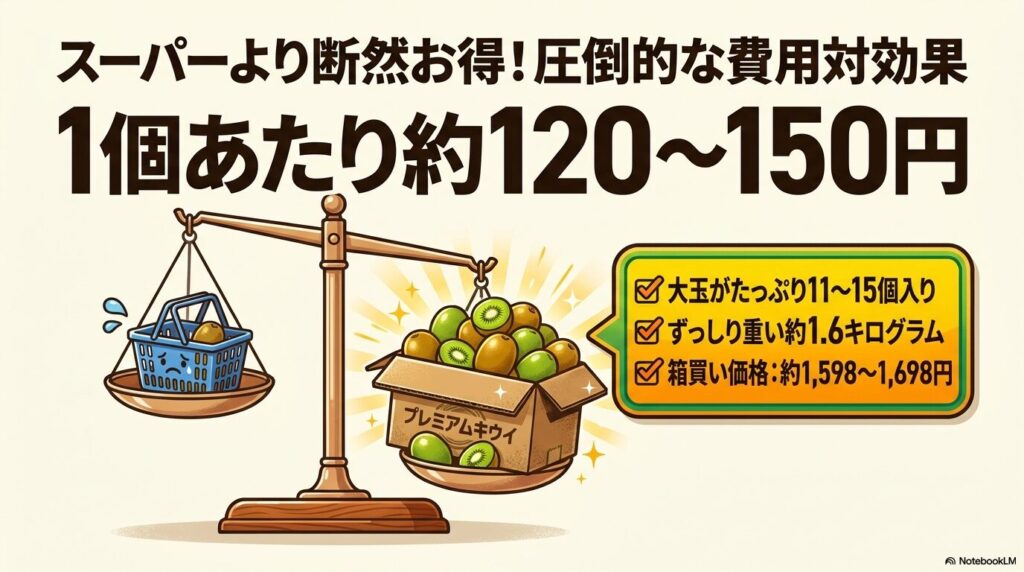 コストコのキウイの圧倒的な費用対効果と、1個あたりの価格、内容量について解説するスライド。