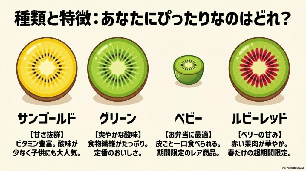 サンゴールド、グリーン、ベビー、ルビーレッドの4種類のキウイの特徴と違いを比較した表。