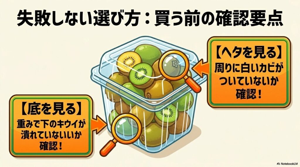 傷んだものを買わないために、ヘタのカビと底の潰れを確認するポイントを紹介。