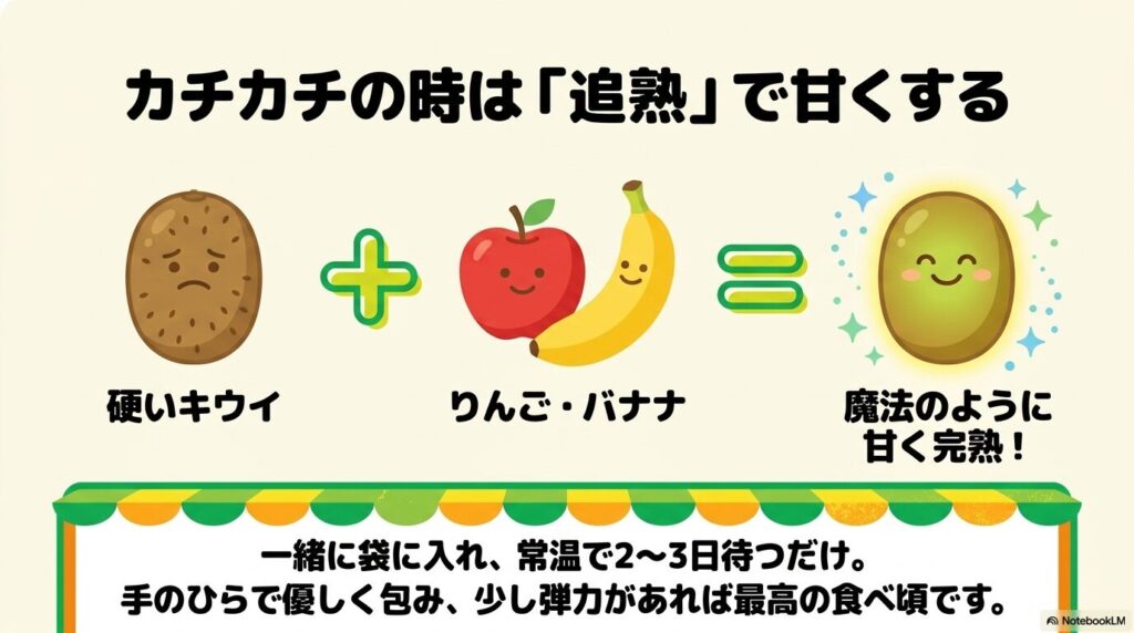 硬いキウイをリンゴやバナナと一緒に袋に入れて追熟させ、甘くする方法を説明。