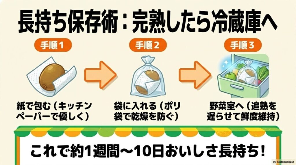 完熟したキウイをキッチンペーパーとポリ袋で包み、冷蔵庫の野菜室で保存する3つの手順。