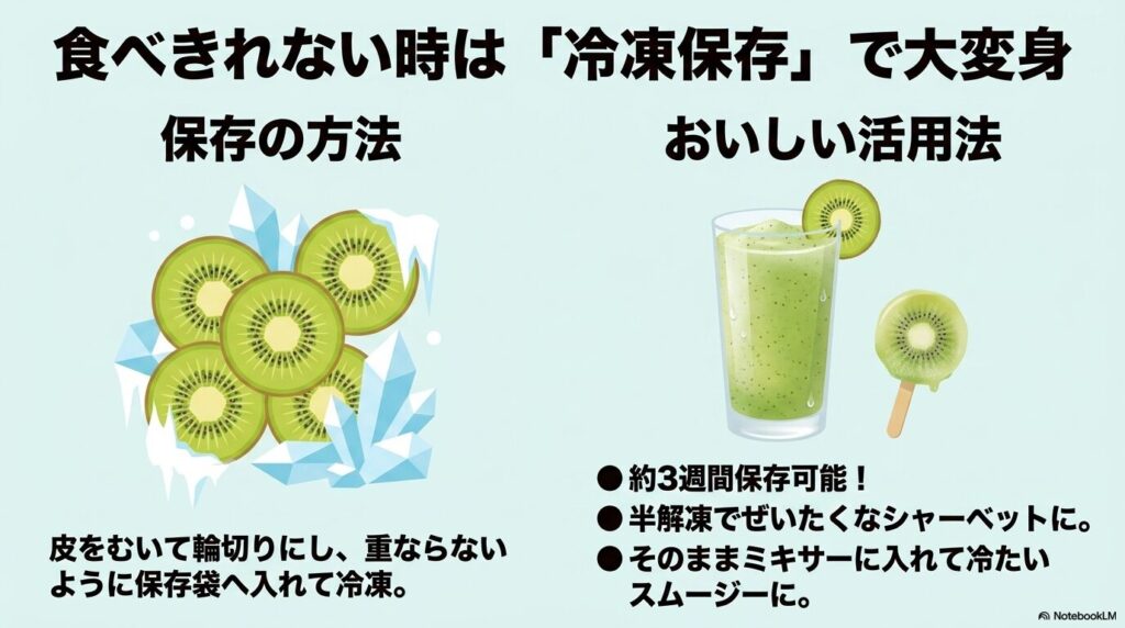 食べきれないキウイを冷凍保存する方法と、シャーベットやスムージーへの活用法を提案。