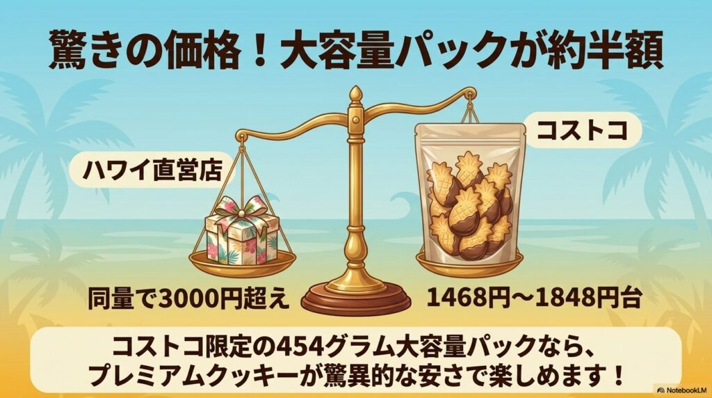コストコの大容量パックがハワイ直営店の約半額で購入できる価格の魅力を示す比較。