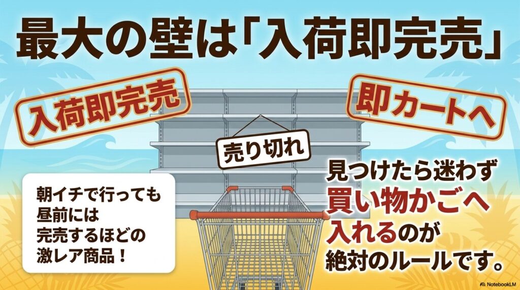入荷後すぐに売り切れるため、店舗で見つけたら即座にカートに入れるべきだというルールの説明。