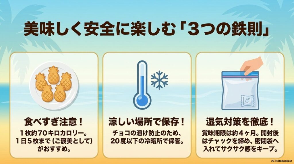 食べすぎ注意、涼しい場所での保存、湿気対策という、クッキーを美味しく楽しむための3つの鉄則。