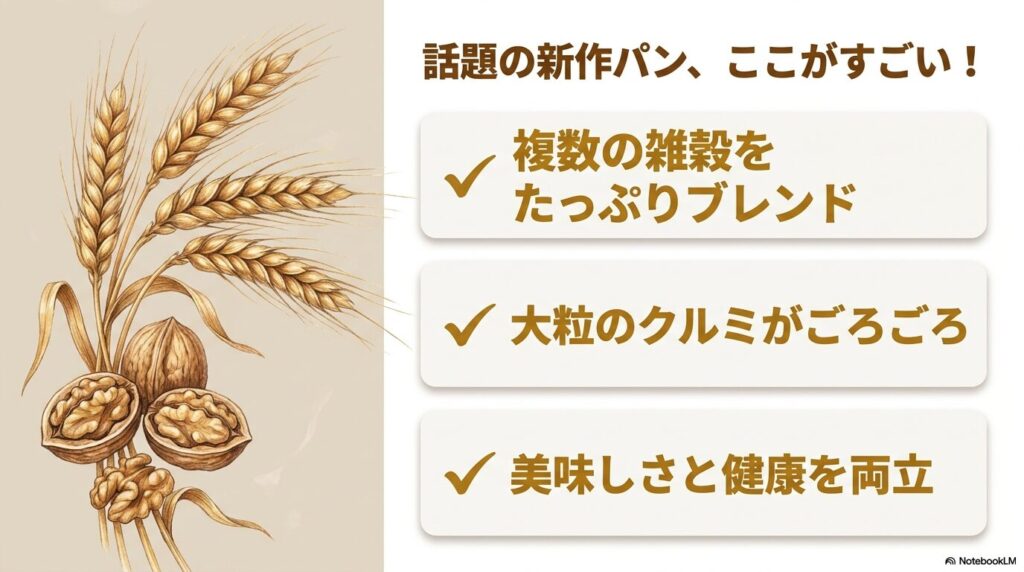 雑穀クルミロールが話題となっている3つの主な魅力を箇条書きで紹介しています。