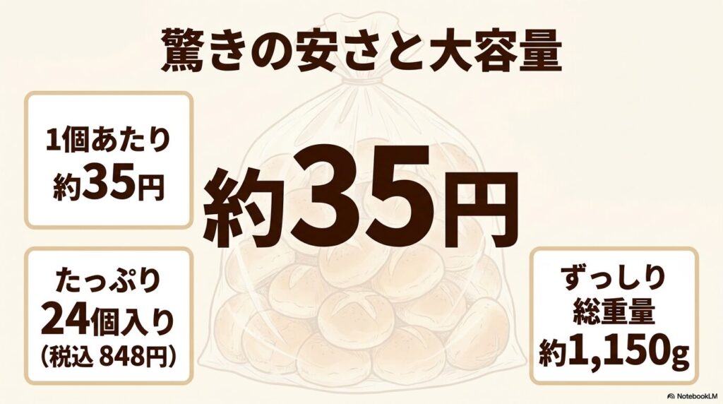 1個あたりの価格、内容量、総重量を示し、その圧倒的なコストパフォーマンスを解説しています。