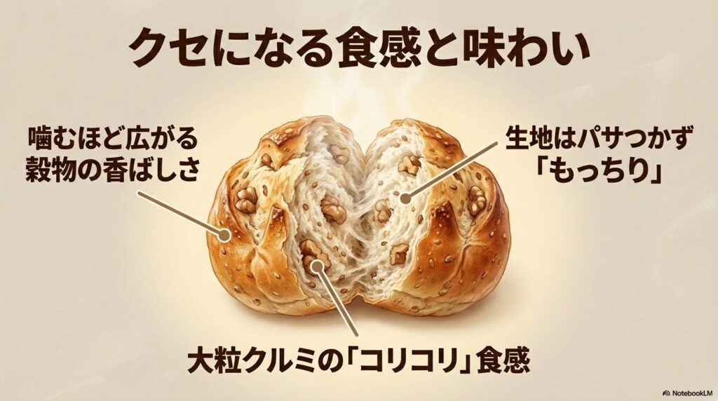 パンの断面図を用いて、香ばしい穀物、もっちりした生地、クルミの食感という3つの特徴を説明しています。