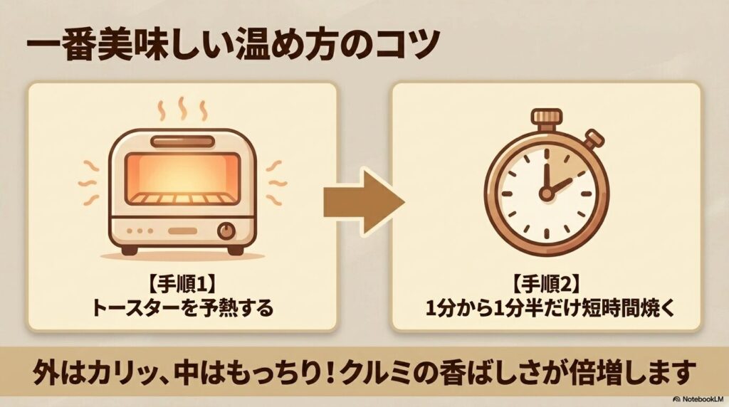 予熱したトースターで短時間焼くという、パンを一番美味しく温めるための2つの手順を紹介しています。