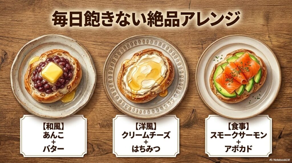 あんバター、クリームチーズとはちみつ、サーモンアボカドの3つのアレンジレシピを提案しています。