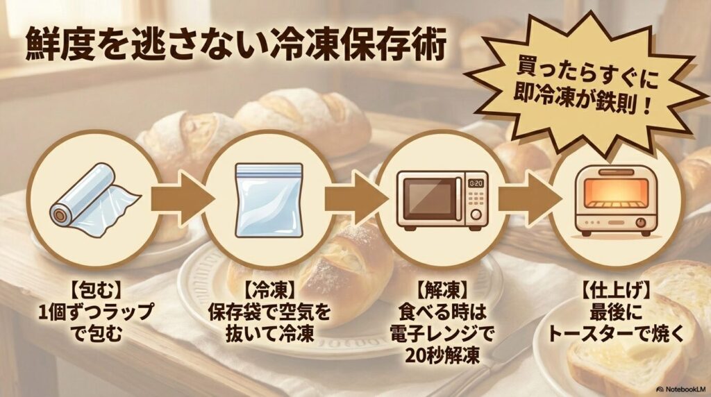 ラップ、保存袋、電子レンジ、トースターを使用した、鮮度を保つための冷凍保存と解凍の手順です。