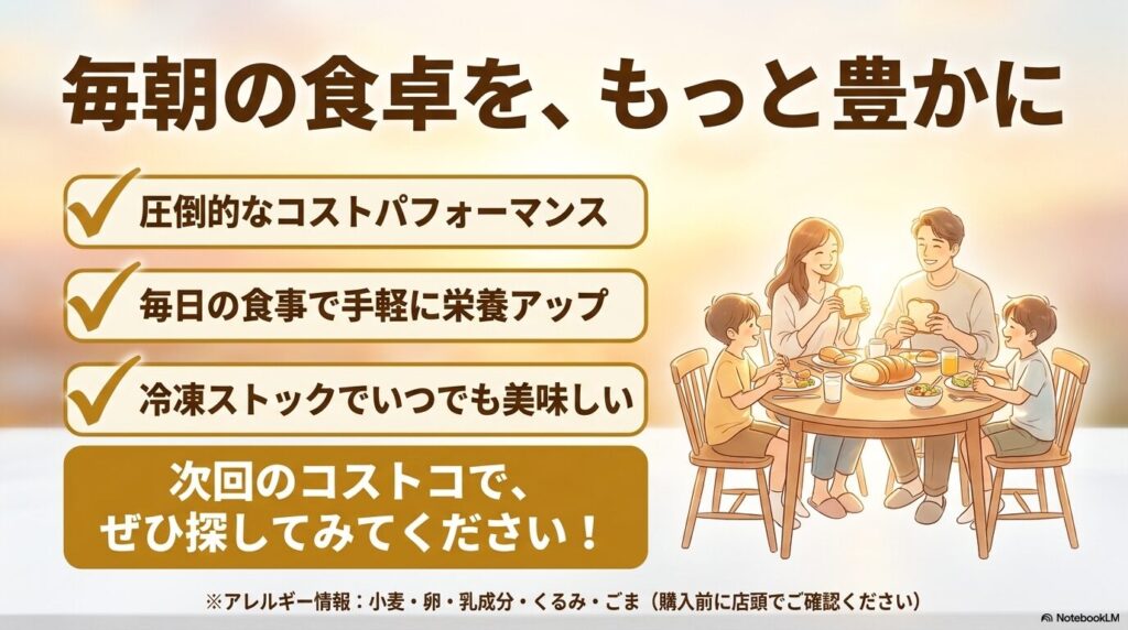 まとめとして商品のメリットを再掲し、家族で食卓を囲むイメージイラストとアレルギー情報を記載しています。