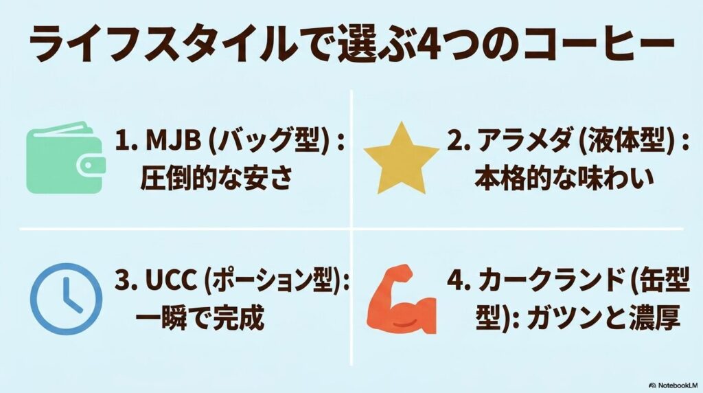 ライフスタイルに合わせ、バッグ型、液体型、ポーション型、缶型の4つのコーヒーの特徴を比較しています。