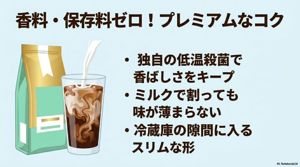 液体型コーヒーについて、香料・保存料不使用のコクの深さや冷蔵庫に収納しやすいスリムな形状を説明しています。