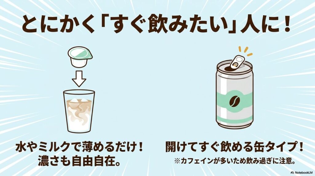 準備不要ですぐに飲めるポーション型と缶タイプのコーヒーを紹介し、カフェイン量への注意も促しています。