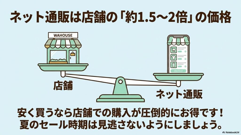 実店舗とネット通販の価格差を比較し、店舗で購入する方が約1.5倍から2倍安くお得であることを示しています。