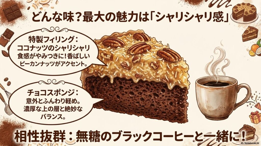 ココナッツフィリングとチョコスポンジの味の特徴、そしてブラックコーヒーとの相性の良さを紹介しています。