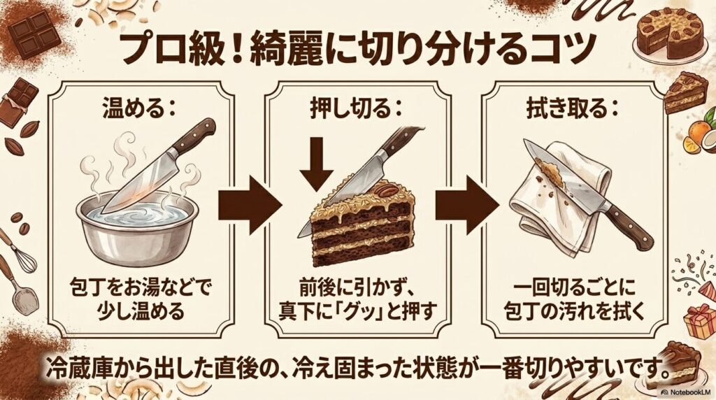 ケーキを綺麗に切り分けるための、包丁を温める、垂直に押し切る、汚れを拭き取るという3つのコツを解説しています。