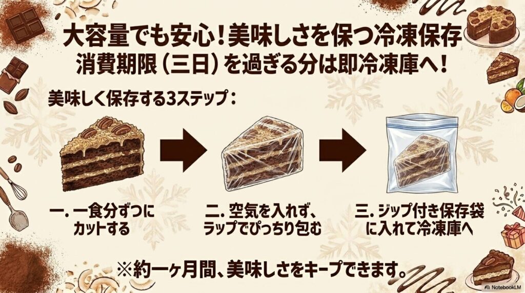 大容量のケーキを美味しく冷凍保存するための、カット、ラップ包装、保存袋利用の3ステップを紹介しています。