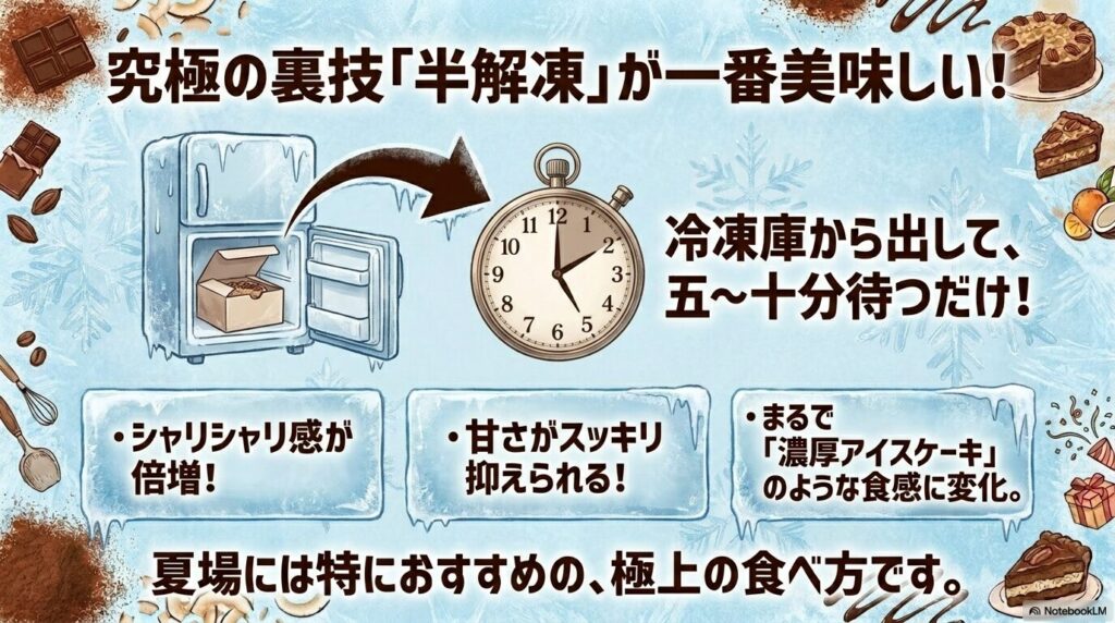 冷凍保存したケーキを5〜10分置いてから食べる「半解凍」の裏技とそのメリットについて説明しています。