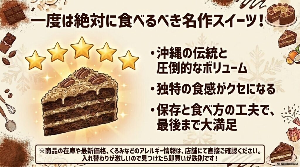 ジャーマンケーキの魅力のまとめと、店舗での在庫や最新情報の確認を促す最終スライドです。
