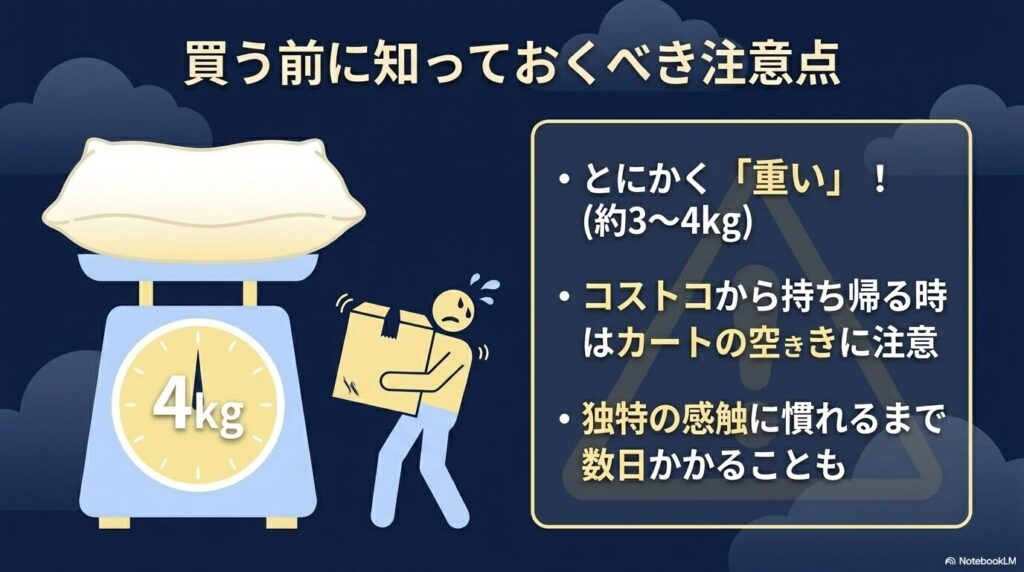 購入時の注意点として、枕の重量が3〜4kgと重いことや、独特の感触に慣れる時間が必要であることを説明するスライド。