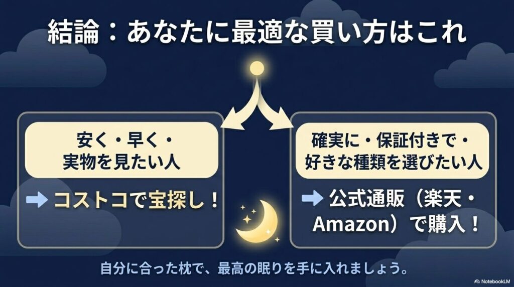安さ重視ならコストコ、確実性重視なら公式通販という、ユーザーに合わせた最適な買い方の結論を示すスライド。
