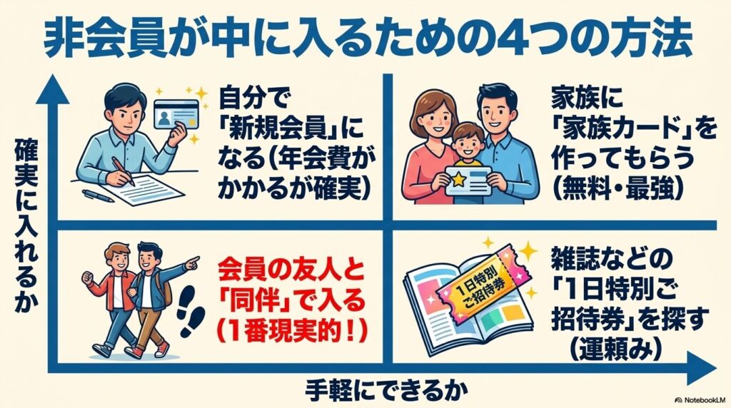 非会員が入店するための4つの方法を、確実性と手軽さの軸で分類したマトリックス図です。