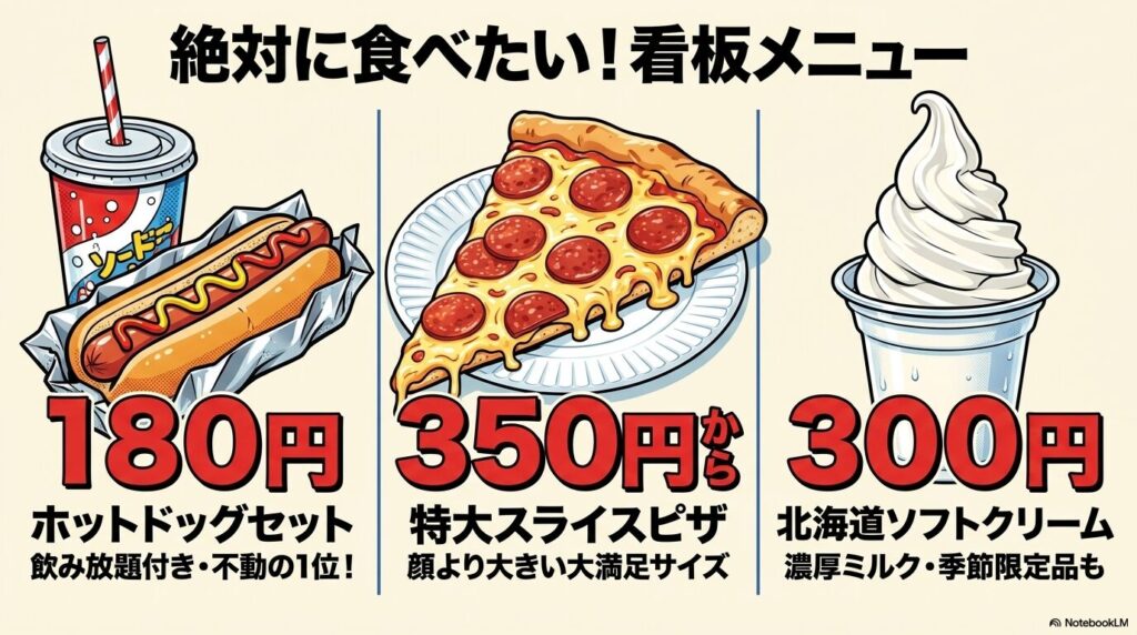 コストコ・フードコートの代表的な3つのメニュー、ホットドッグ、ピザ、ソフトクリームを価格と共に紹介しています。