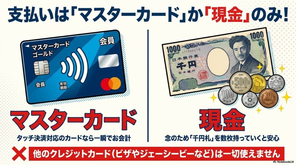 支払方法がマスターカードと現金のみであることを強調し、他ブランドのカードは使えないと警告しています。