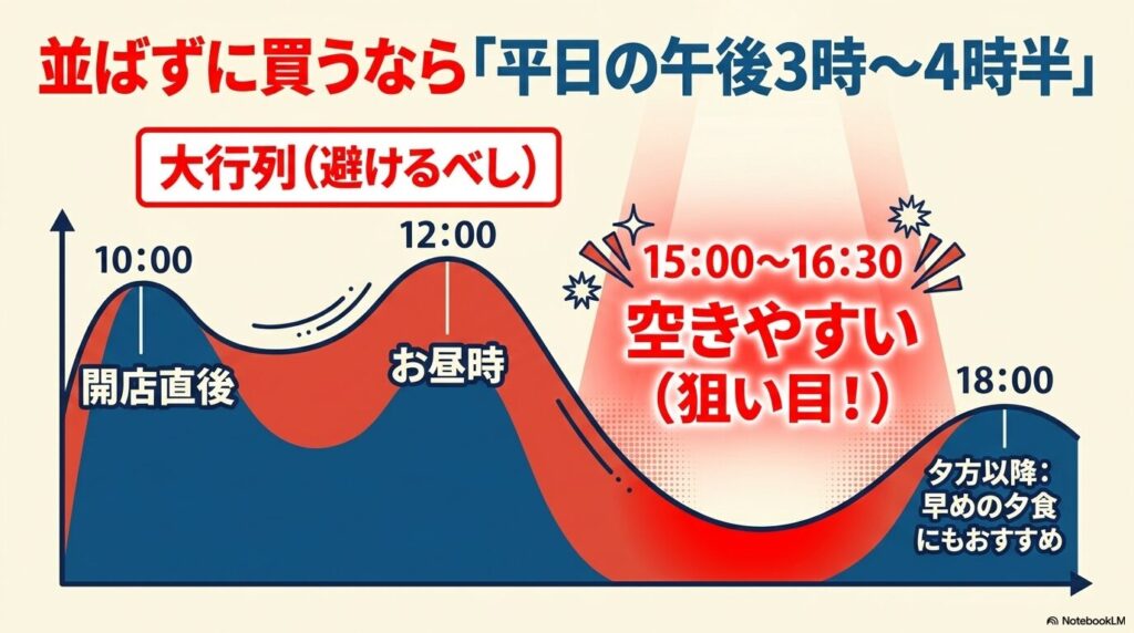 平日の混雑状況を折れ線グラフで示し、午後3時から4時半が空いていて狙い目であることを推奨しています。