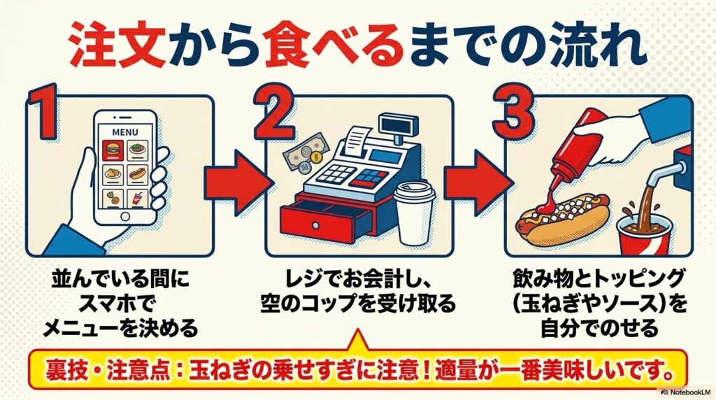 注文から飲食までの3ステップの手順と、セルフサービスのトッピングに関するアドバイスを記載しています。