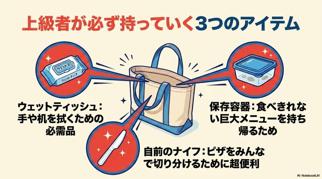 コストコをより楽しむために持参すべき3つの便利アイテムとして、ウェットティッシュ、容器、ナイフを挙げています。