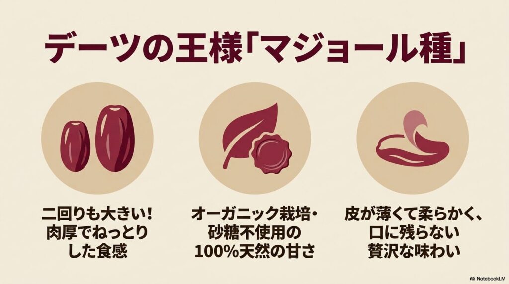 最高級のマジョール種デーツの特徴として、大きさ、天然の甘さ、皮の柔らかさを説明するスライド。