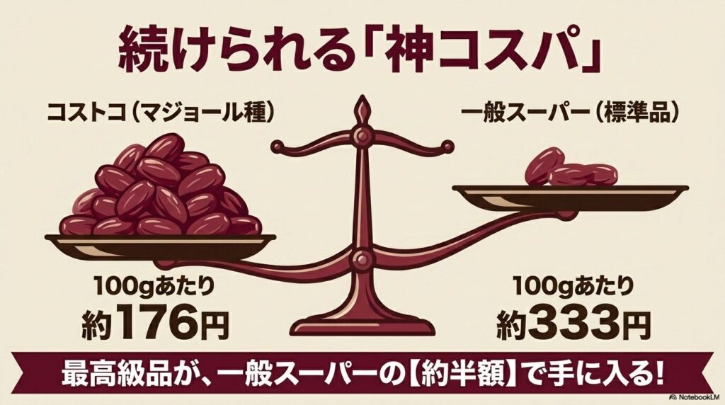 コストコのマジョール種デーツが一般スーパーの標準品と比較して約半額というコスパの良さを示すグラフ。