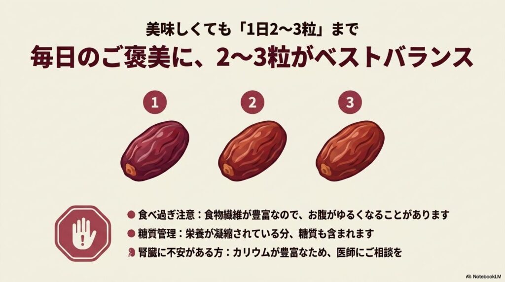 デーツの適切な摂取量を1日2〜3粒とし、食べ過ぎや糖質、カリウムに関する注意点を紹介するスライド。