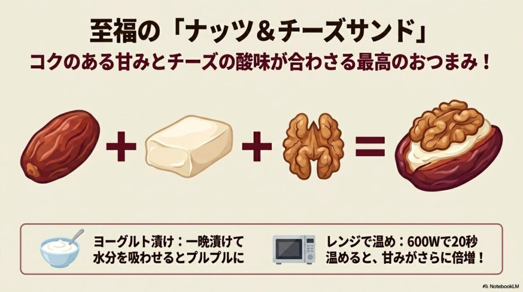 デーツにクリームチーズとくるみを挟むアレンジレシピと、ヨーグルト漬けや加熱による食べ方を提案。