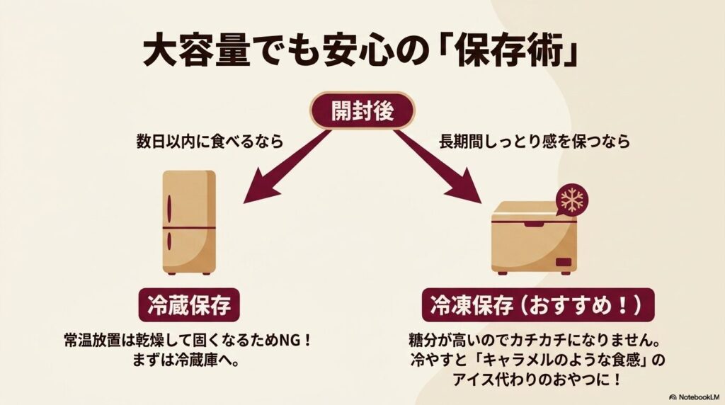開封後のデーツの保存方法として、数日以内なら冷蔵、長期保存や新食感を楽しむなら冷凍を推奨。