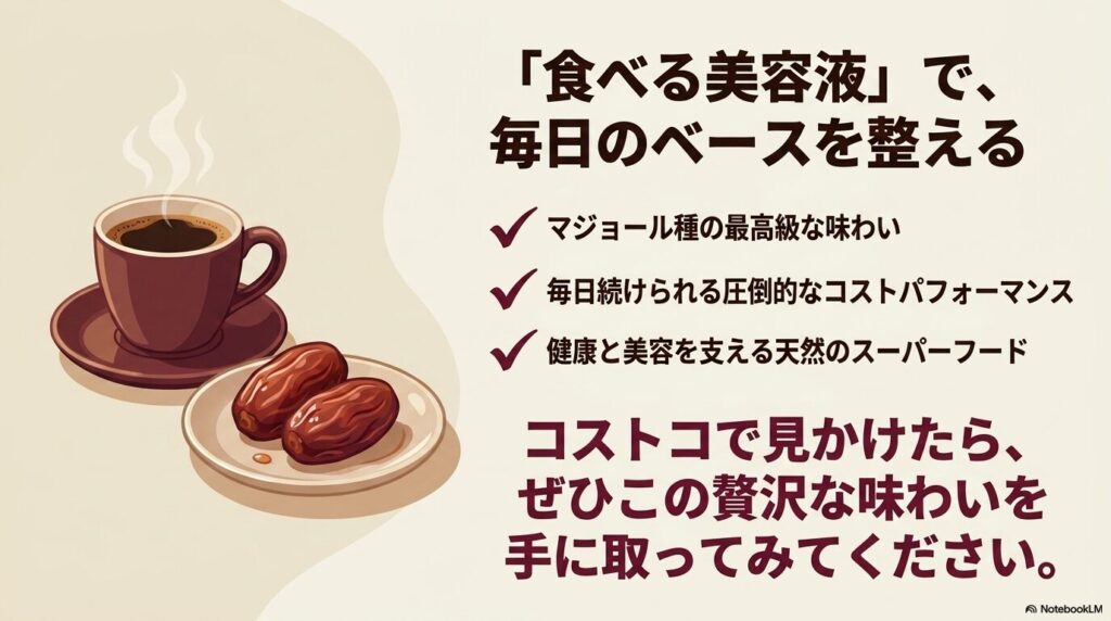 コストコのマジョール種デーツの魅力をまとめ、購入を促すエンディングスライド。