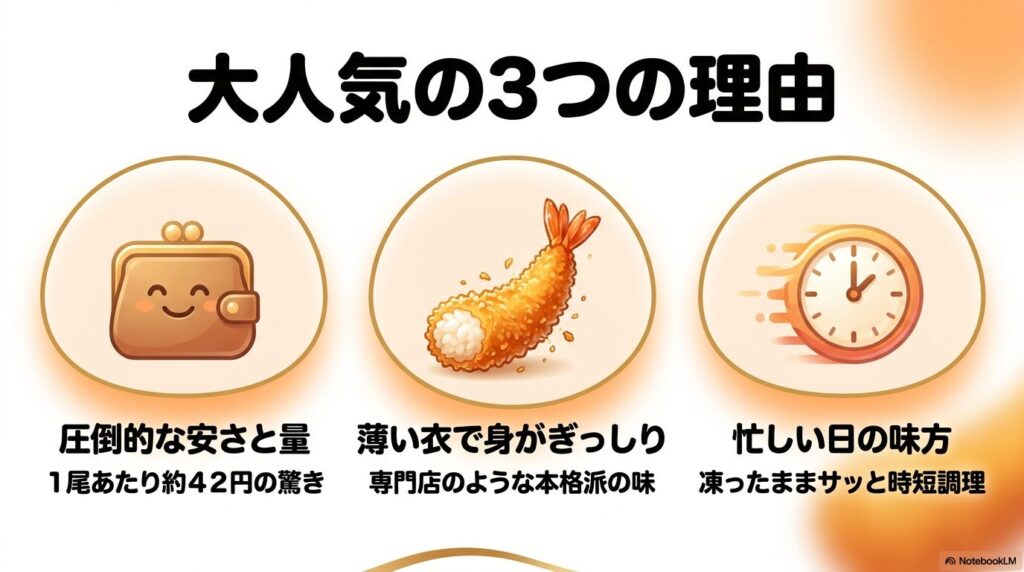 コストコの海老フライが大人気である3つの理由（安さ、本格的な味、時短調理）のまとめ。